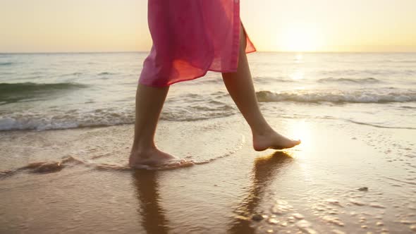 Slow Motion Close Up Woman Feet Walking By Beach at Cinematic Golden Sunset USA alt