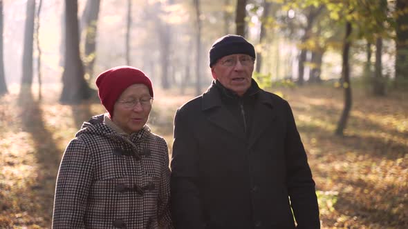 Elderly Couple Talking While Walking Around Park alt