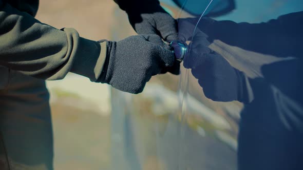 Street Crime Violence Gangster Robber. Vandalism Crime Theft Using Tool For Open Door alt