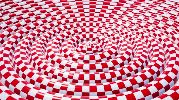 Endless Rotating Red Checkered Pattern Torus Background alt