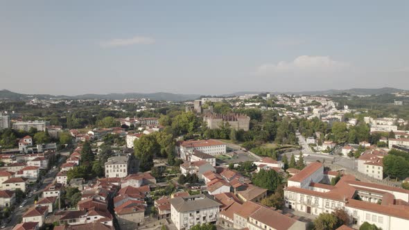 Aerial Guimaraes panorama view, city buildings with Palace of the Dukes of Braganza