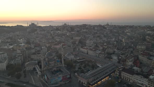 Sunrise in Istanbul, aerial view of golden horn. Aerial view of Spice Bazaar.
