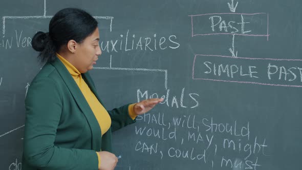 Portrait of Private School Tutor Working Online Teaching English Explaining Pointing at Chalkboard alt