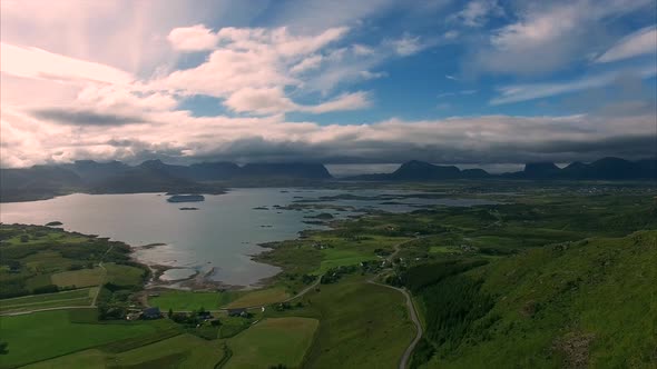 Flight near town Leknes on Lofoten islands in Norway alt