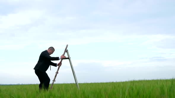 A Young Businessman in a Business Suit Climbs the Ladder of Career Growth alt