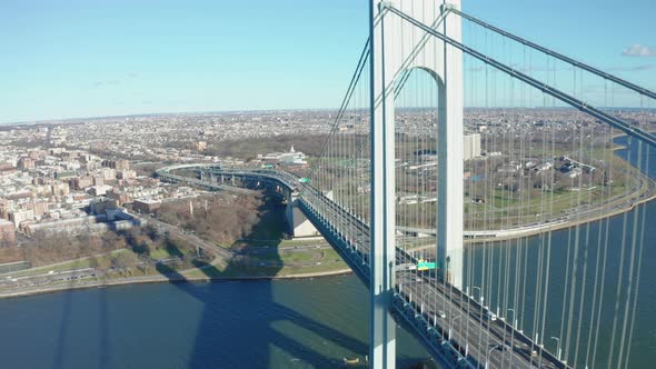 Aerial Drone Shot Ascending Up the Side of a Verrazano Bridge  in Brooklyn, NY