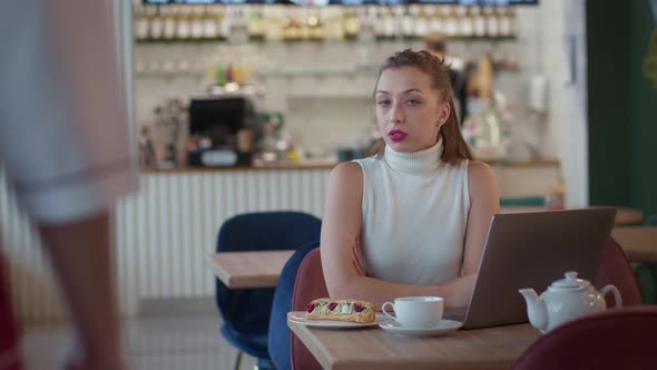 Attractive Longhaired Girl Asks Waiter to Take Away Nice Toocalorie Cake