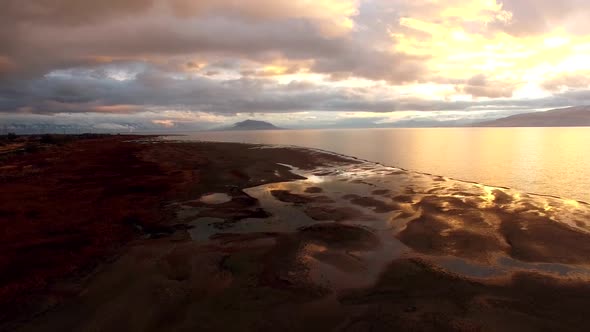 Aerial view lowering to the ground of lake alt