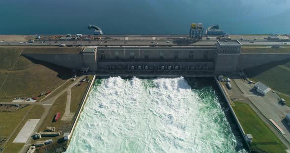 Aerial Drone Footage, Giant Dam on Angara River. Water Dam and Reservoir Lake alt