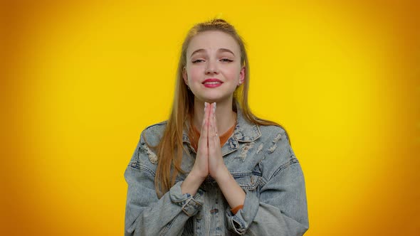Teen Stylish Girl Praying Looking Upward and Making Wish Asking God for Help Begging Apology alt