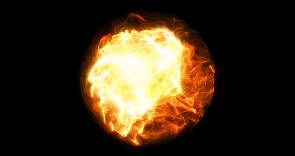 Burning 3D fireball orb effect on black background. 