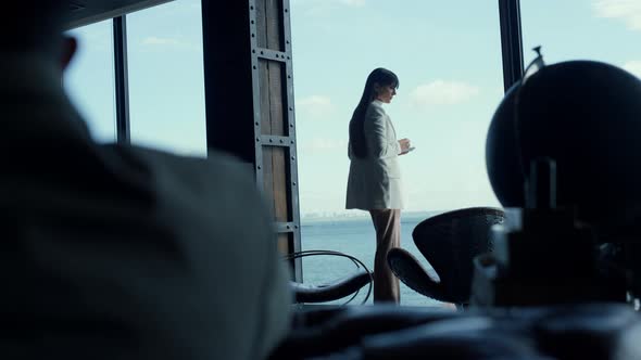 Businesswoman Watching Sea View Big Window, Stock Footage | VideoHive