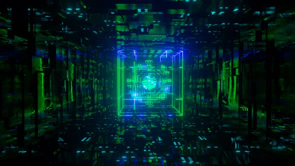 3d Object or Structure Rotates and Moves Inside Glass Mirror Tunnel with Neon Light Bright alt