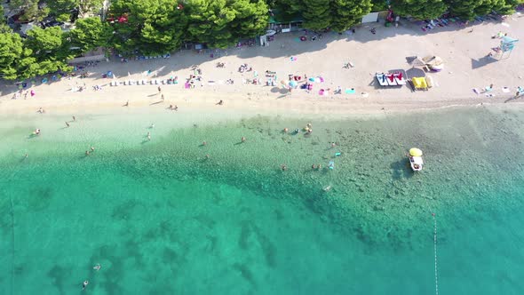 Aerial top down view of people swimming in sea, relaxing at the beach alt