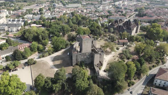 Guimaraes monuments at the top of the hill, castle, dukes palace and church, drone aerial view
