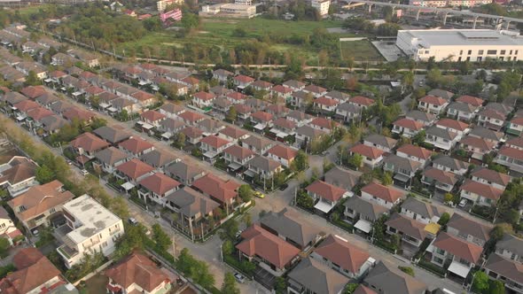 Aerial view of suburban residential houses in Bangkok city