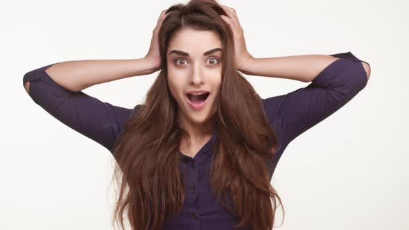 Beautiful Caucasian Female in Dark Blue Shirt and with Long Brown Hair Standing on White Background alt