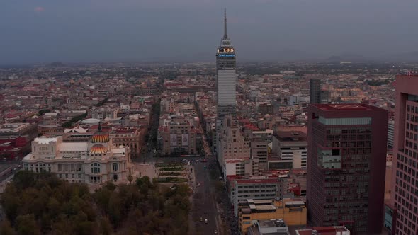 Descending Forwards Fly to Torre Latinoamericana Tall Building Around Palacio De Bellas Artes alt