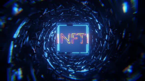 The rotation of the cube with Neon NFT inscription in the technological tunnel.. Seamless animation.
