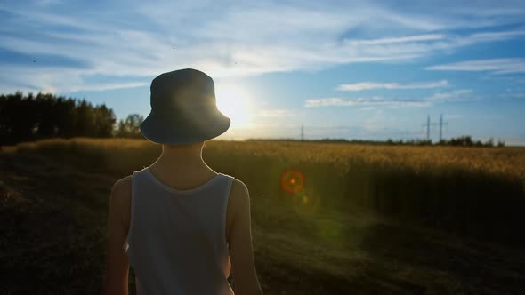 Boy Walks Near a Wheat Field at Sunset Back View