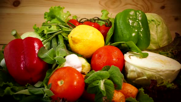 Vegetables on a Tray Close-up. Vegetables on the Kitchen Counter. Tomato Cucumber Zucchini Onion