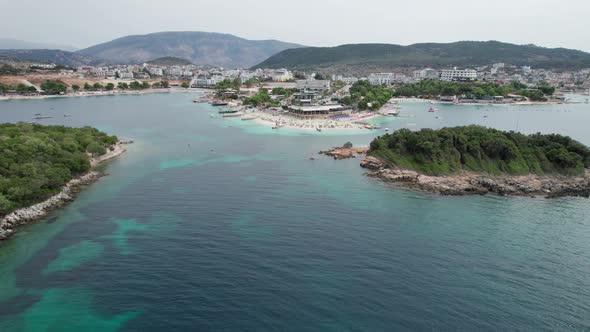 Aerial View of Tropical Beach in Ksamil Islands with Turquoise Water Albania alt