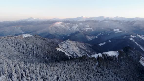 Drone Aerial Fly Above Winter Forest Unveiling Mountain Valley