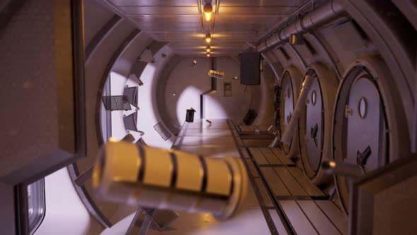 Futuristic spacecraft corridor. Countless objects floating in zero gravity. 4KHD alt