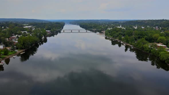 Aerial Overhead of Delaware River Landscape American Town of Lambertville New Jersey View Near Small alt