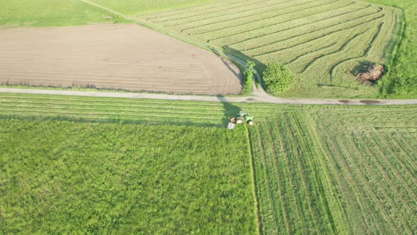 Green Tractor Hay Cutter Aerial View