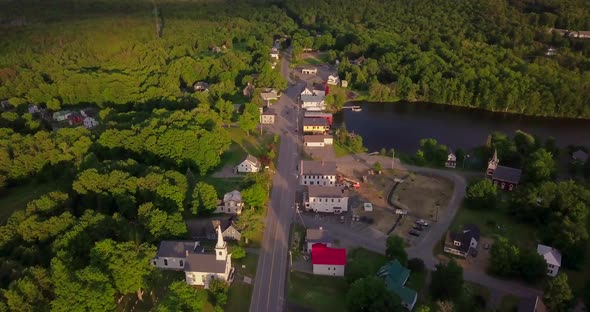 4K aerial footage of a small town in northern Maine. Monson is an up and coming artist community. Fl alt