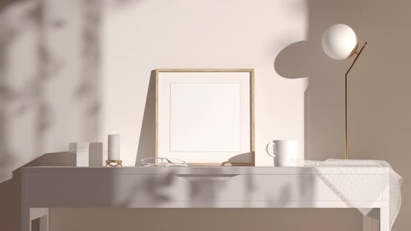 Blank wood small square frame interior background, looped motion alt