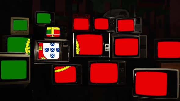 Stacked Retro TVs Displaying National Flag of Portugal on Screens alt