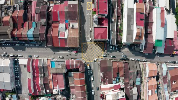 The intersection of Chulia and Beach streets in George Town, Penang Island Malaysia seen from above alt