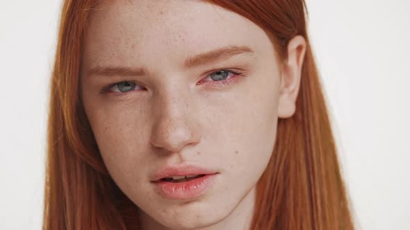 Close Up Footage of Beautiful Caucasian Ginger Teenage Girl Rejecting and Slightly Waving Head on alt