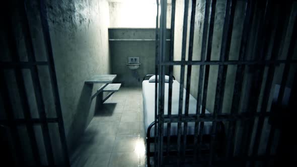 The interior of a single prison cell with minimal furnishings. Isolation. HD alt