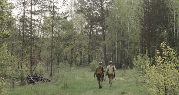 Russian Soviet Infantry Red Army Soldiers Of World War II Marching Walking Along Forest Road In alt