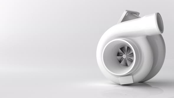 Conceptual 3D rendered turbocharger with slowly looping and rotating compressor wheel