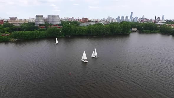 Aerial view of Boat on the city pond with industrial landscape 29 alt