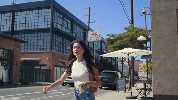 Girl Enjoy Coffee Walking Street Closeup alt