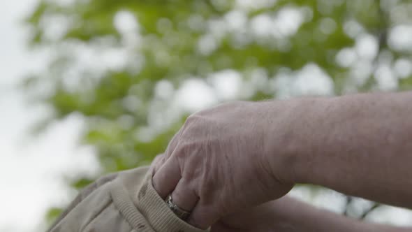 close up of hand putting on garden glove alt