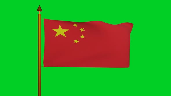 Flag of China waving with flagpole on chroma key, National Flag of the Peoples Republic of China alt
