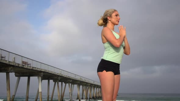A young attractive woman doing yoga on the beach next to a pier. alt