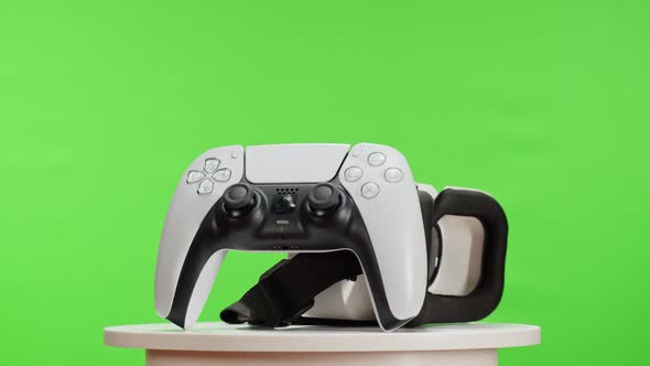 Virtual Reality Glasses and Joystick on Chroma Key Green Background alt