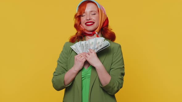 Redhead Girl Holding Cash Money Dollar Celebrate Dance Success Business Career Lottery Game Winner alt