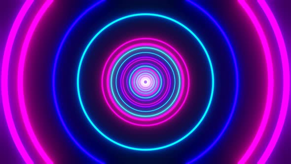 Looped Abstract Background of Flight Inside Iridescent Neon Circles Tunnel