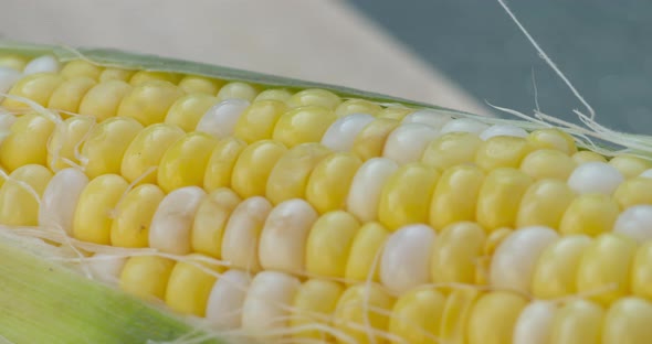 Beautiful macro close up pan across a freshly picked, ripe corn on the cob alt