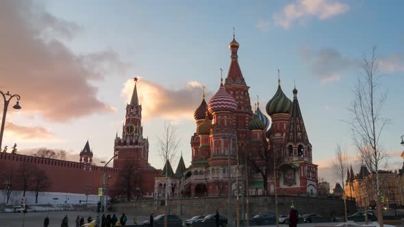 Sunset view of Saint Basil Cathedral and Spasskaya Tower on Red Square. Moscow alt