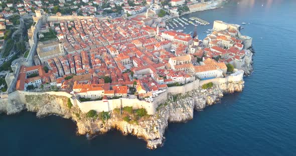 Aerial View of the Sunset in Old City, Dubrovnik, Croatia, Filmed By Drone