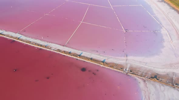 Wonderful Flight Over a Pink Salty Lake at Sunset in the Evening alt